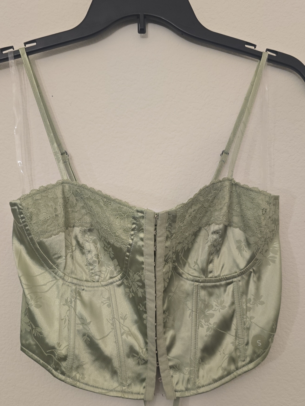 La Hearts Satin Lace Bustier Crop Top - Light Sage